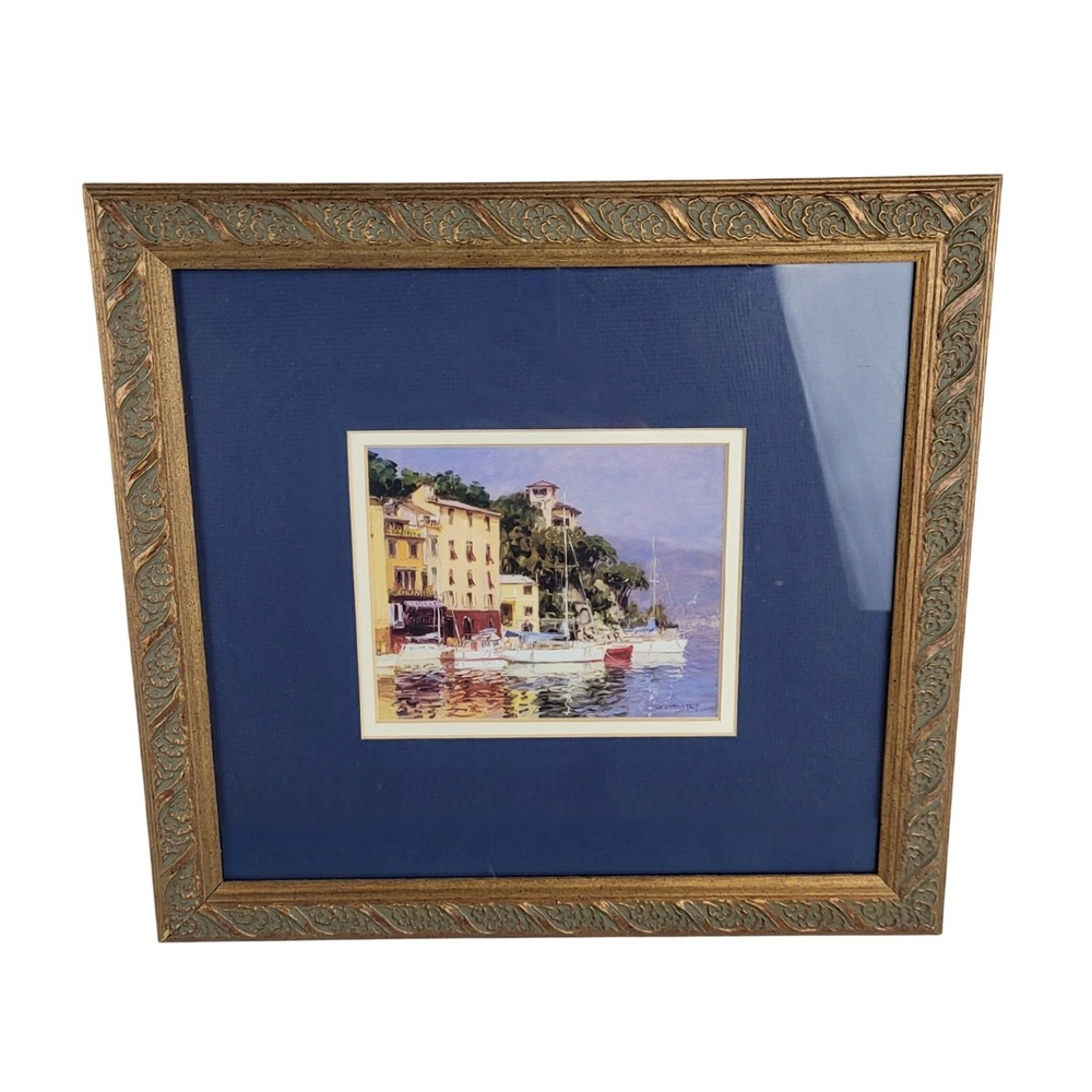 George Bates Mediterranean Harbor Sailboat Framed Art Print Gold Ornate‎ Frame